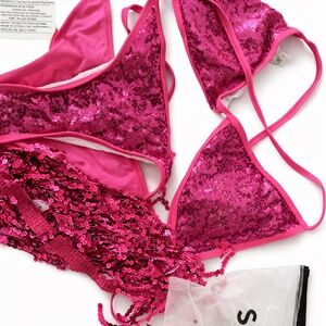 NWT SHEIN Pink Sequin Fringe Bikini Set • Size Large • Festival Swim